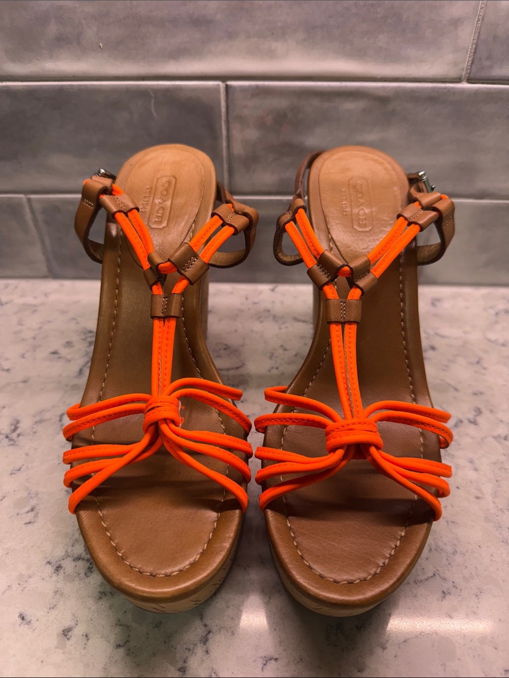 Coach Georgiana Women's Cork Platform Wedge Sandals Tan w/ Orange Straps Sz 8.5